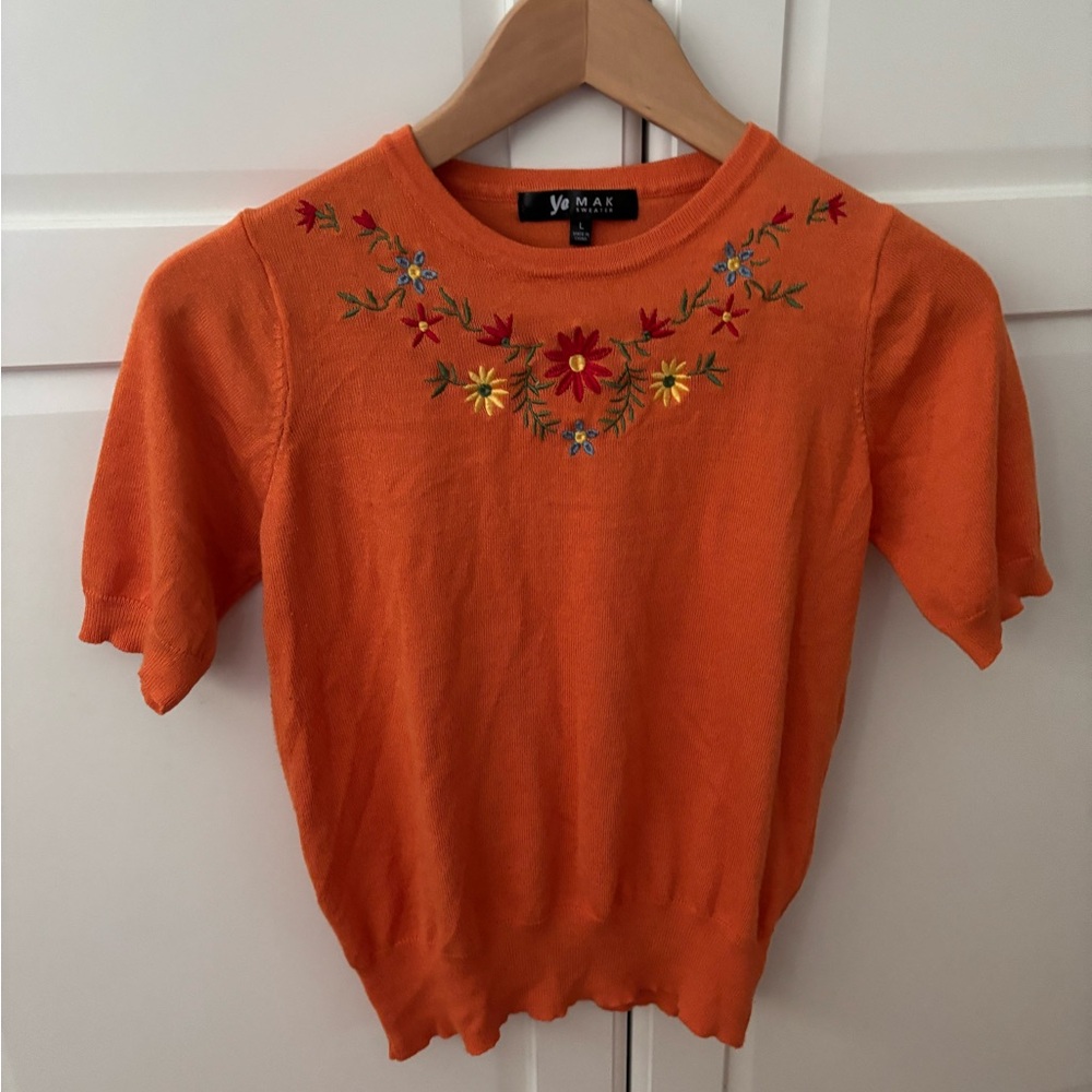 Orange Embroidered Short Sleeve Sweater